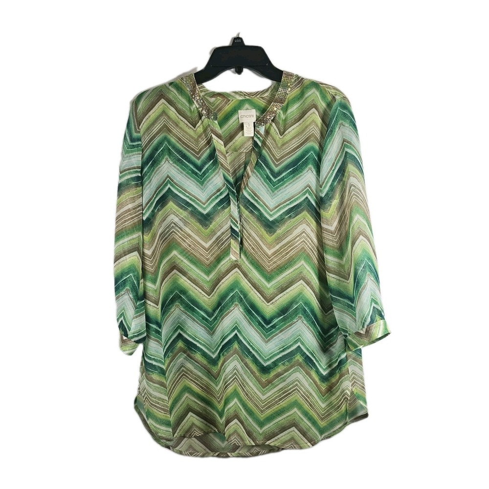 CHICOS Sz 1 (Medium) SheerWatercolor Chevron Top Tunic V Neck Sequin Collar EUC